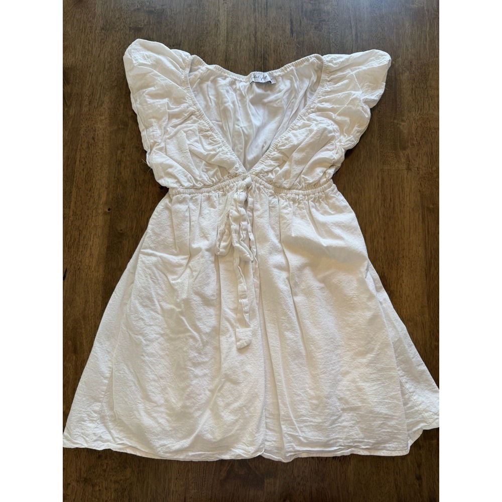 Petal & Pup White Dress Womens Small S V-Neck Flutter Sleeve Cotton Linen Mini